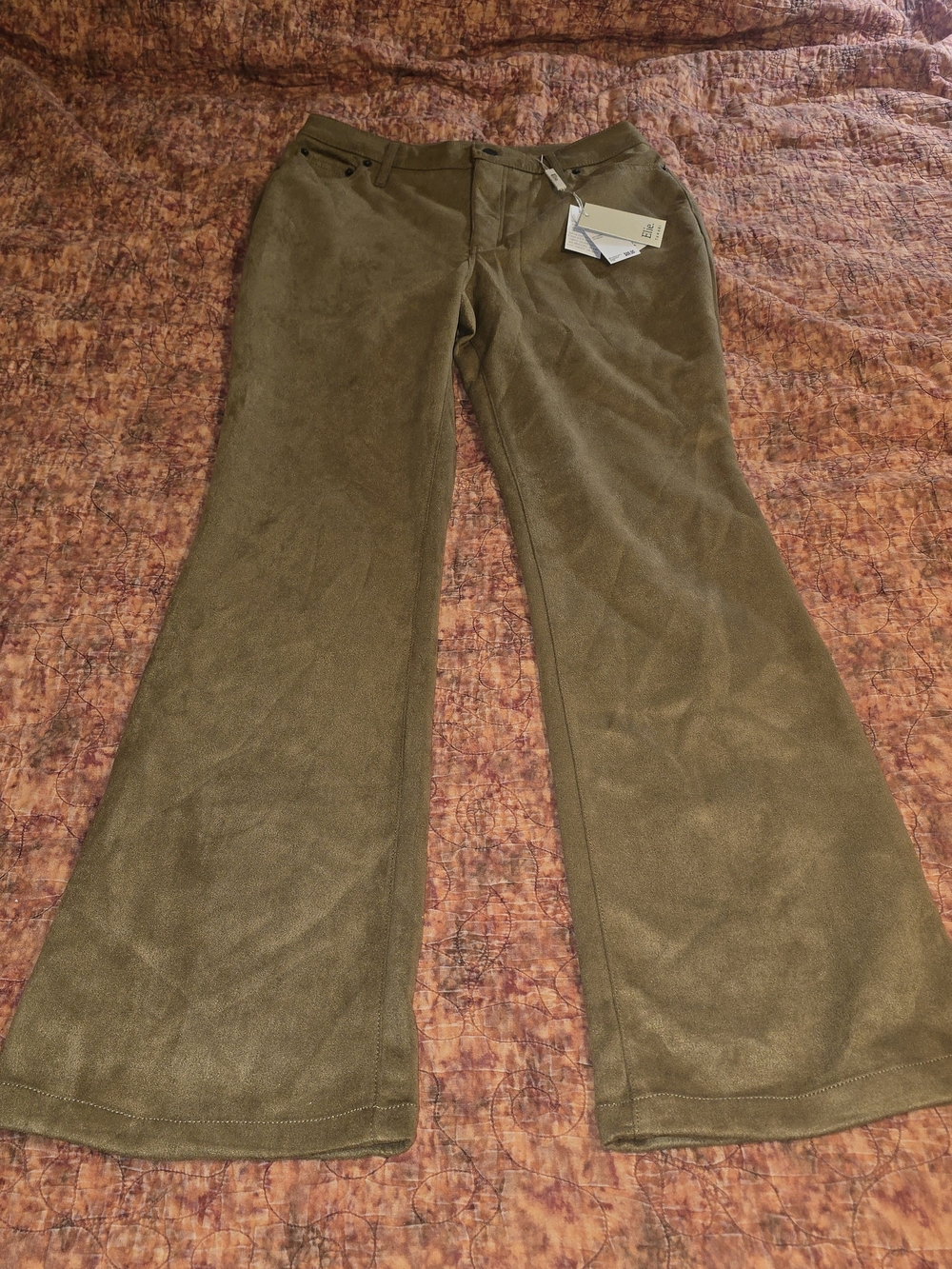 NWT Elie Tahari Faux Leather Suede Flared Pants Olive Bronze Brown Split Size 30